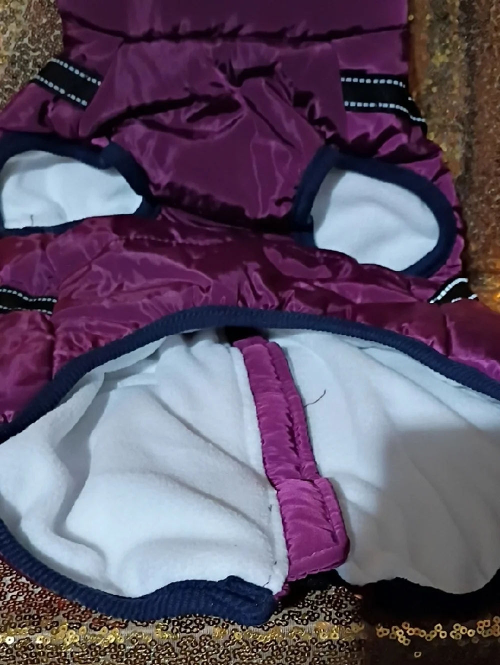 Purple Puffer Dog Coat with Reflective Harness